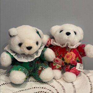 Pair of White Teddy Bears with Floral Outfits